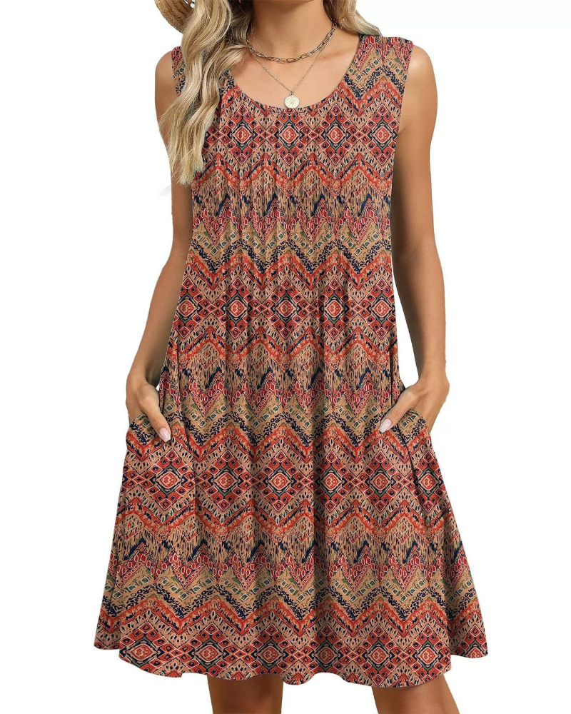 Penelope Robe Fleurie Midi Femme – Robe d'Été Sans Manches Coupe Évasée avec Poches