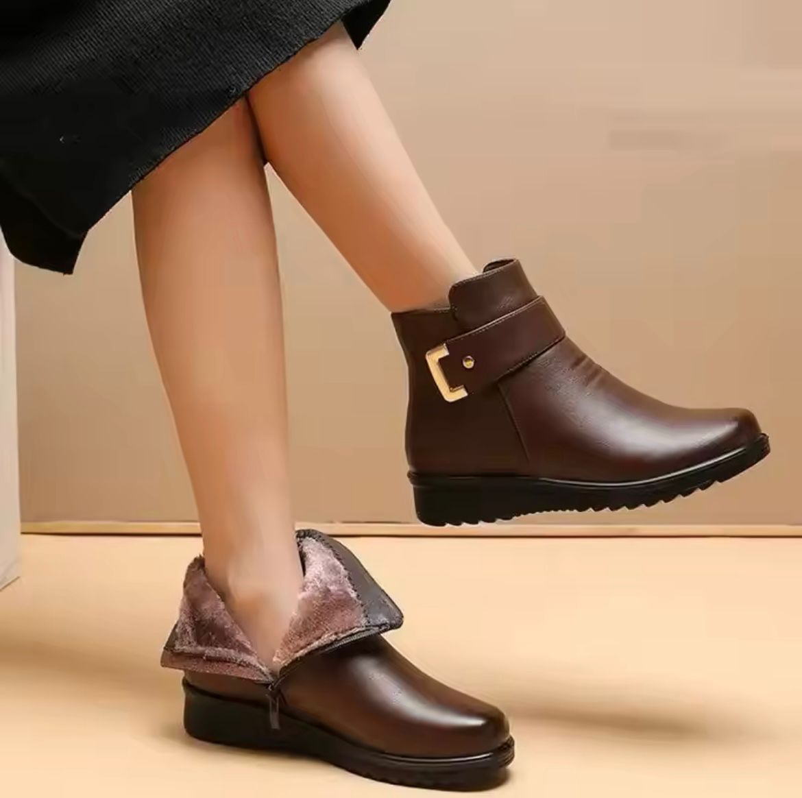 Mila Women's Leather Ankle Boots – Warm Faux Fur Lining & Zipper Closure