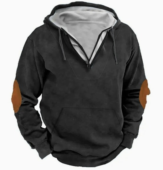 Rowan Men's Casual Hoodie – V-Neck Sweatshirt with Suede Elbow Patches and Lined Hood