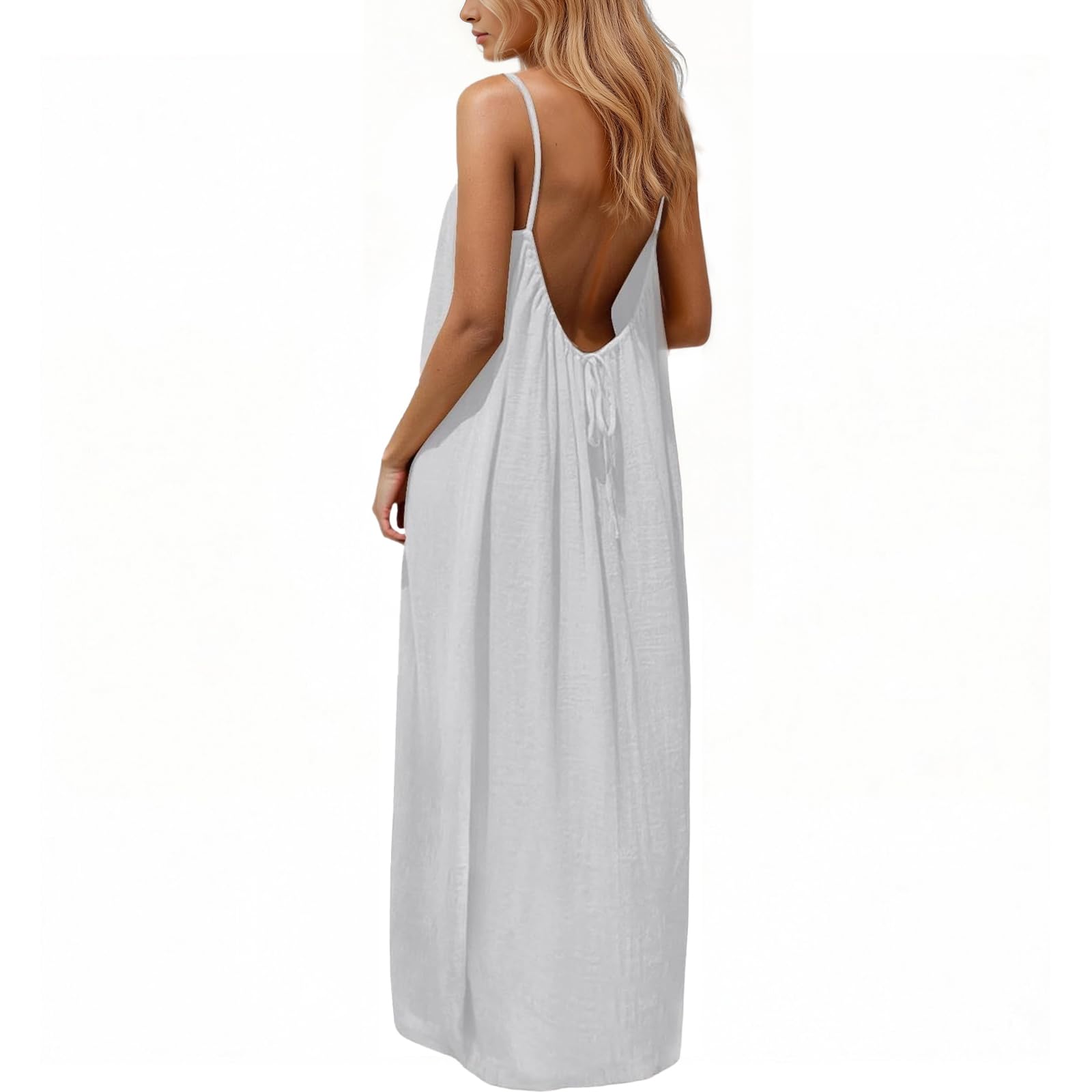 Rowena Maxi Dress for Women – Backless, Adjustable Straps & Fluid A-Line Cut Solid Summer