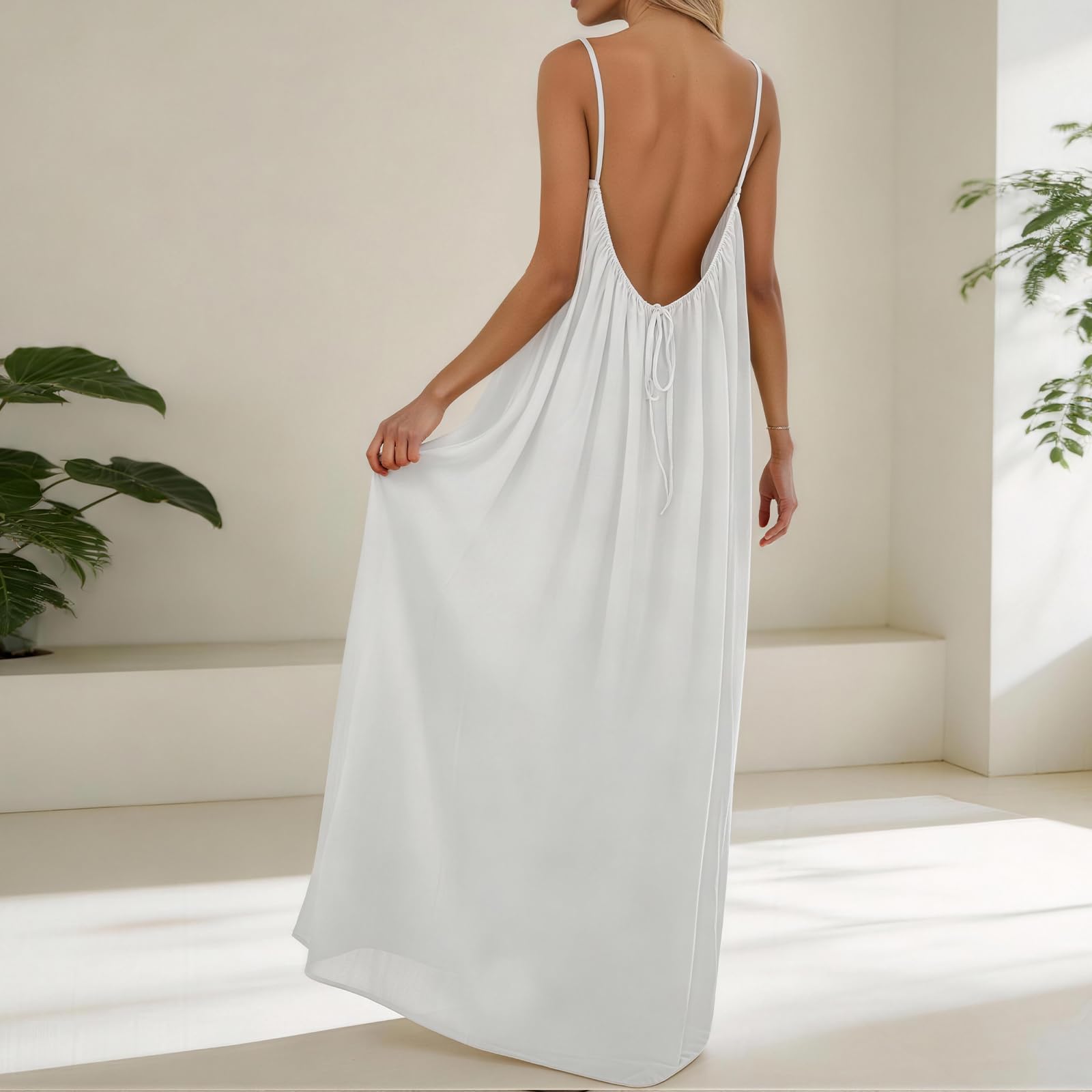 Rowena Maxi Dress for Women – Backless, Adjustable Straps & Fluid A-Line Cut Solid Summer