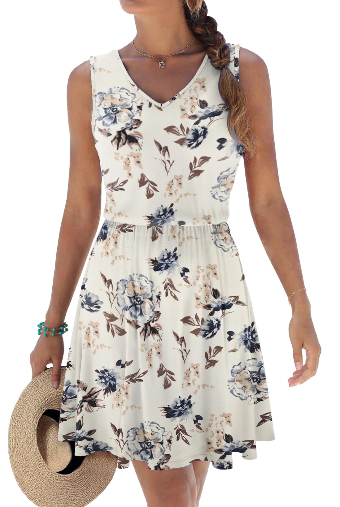 Yolanda Robe Femme – Col V Sans Manches, Coupe A-Line & Imprimé Floral Longueur Genou Été