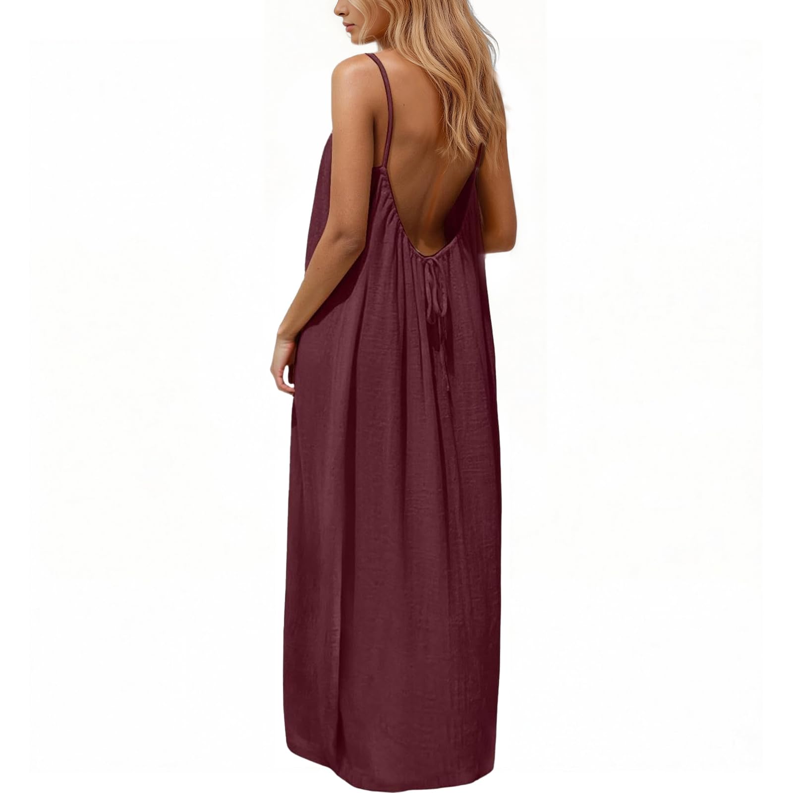 Rowena Maxi Dress for Women – Backless, Adjustable Straps & Fluid A-Line Cut Solid Summer