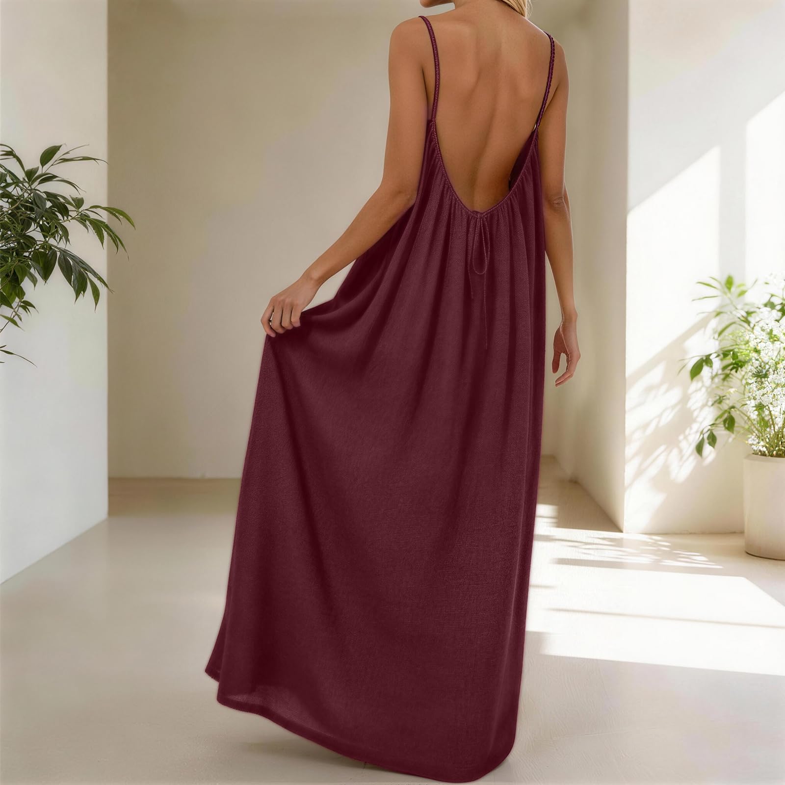 Rowena Maxi Dress for Women – Backless, Adjustable Straps & Fluid A-Line Cut Solid Summer