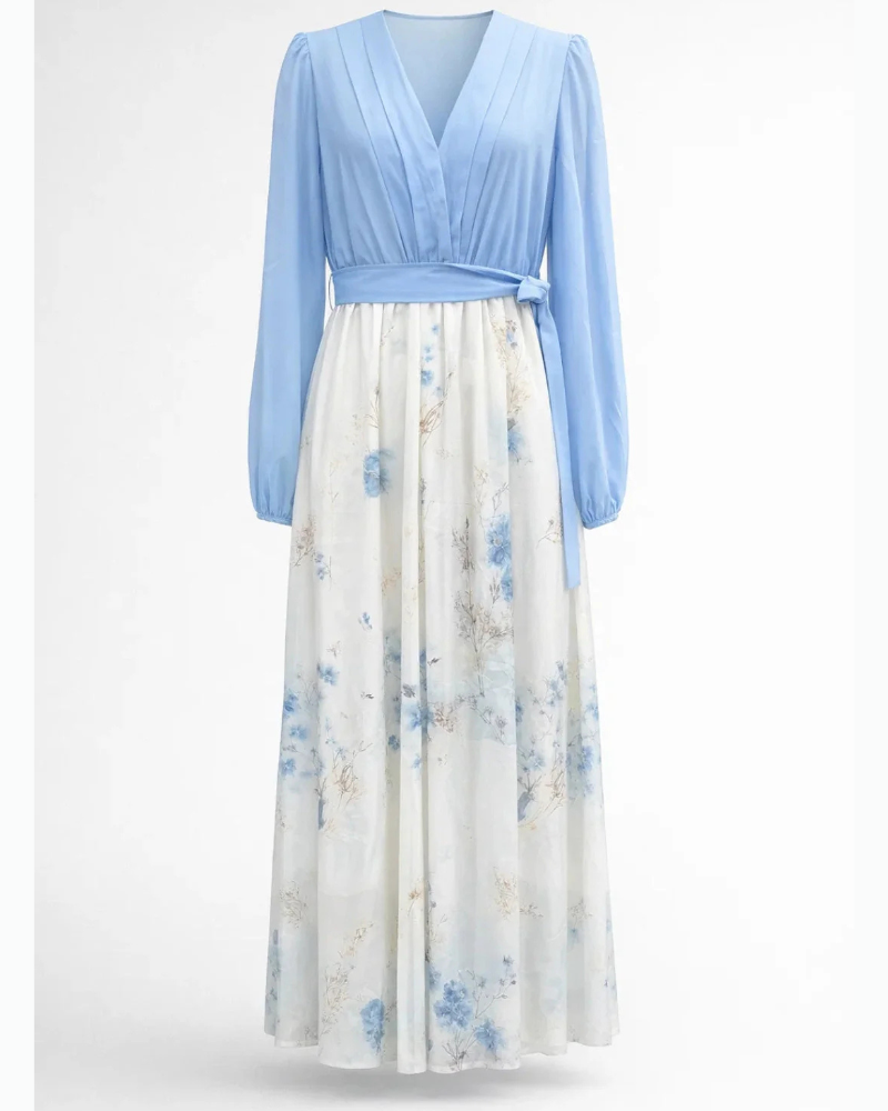 Rochie Maxi Morgan pentru femei – Rochie lungă albastru deschis cu flori, decolteu în V, mâneci transparente
