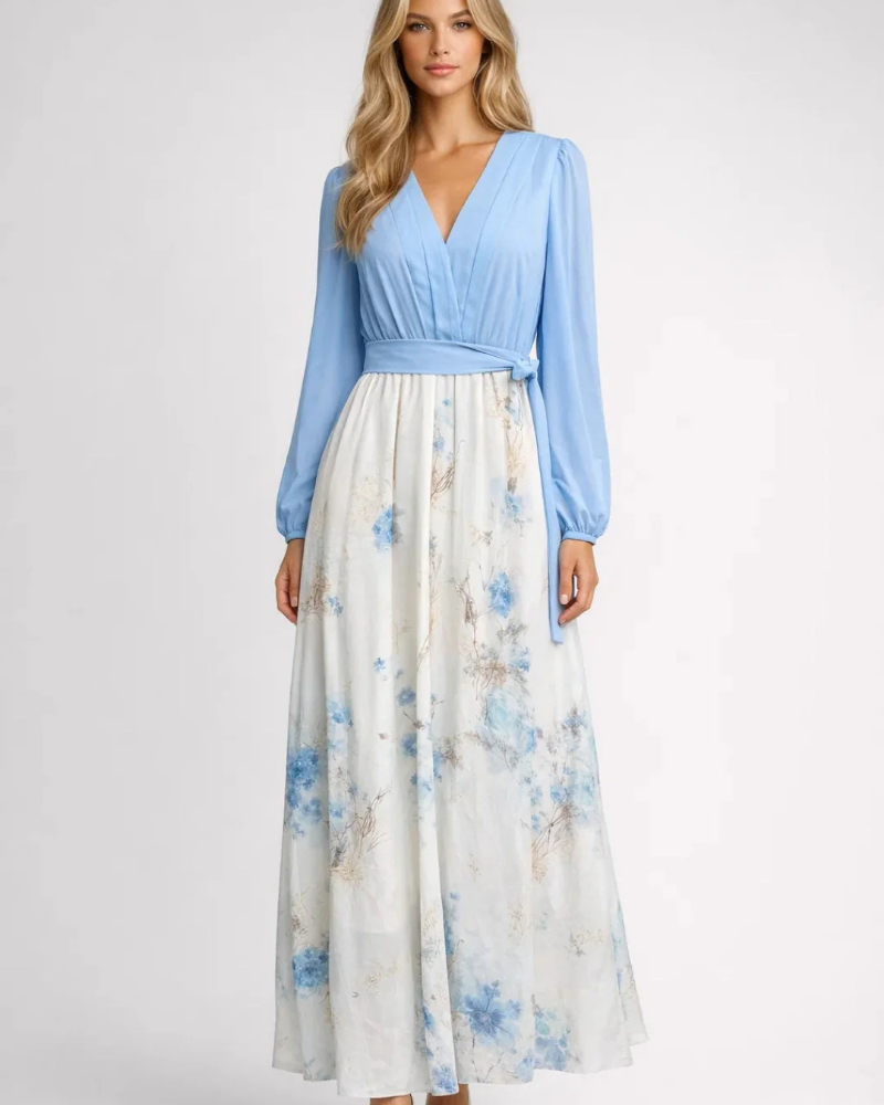 Rochie Maxi Morgan pentru femei – Rochie lungă albastru deschis cu flori, decolteu în V, mâneci transparente