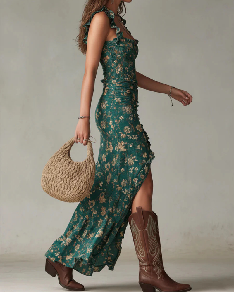 Bella Maxi Boheemse Damesjurk – Lange Vloeiende Jurk met Hoge Split en Elegant Vintage Print