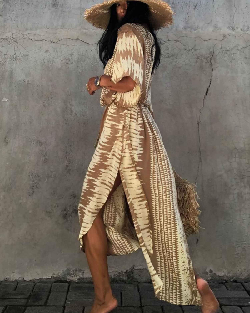 Camila Caftan Maxi Femme – Robe Longue Col V avec Ceinture et Fentes