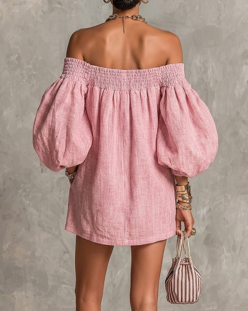 Vestido Mini Sawyer para Mulher – Vestido com Ombros Descobertos, Efeito Linho, Mangas Bufantes, Corte Evasé