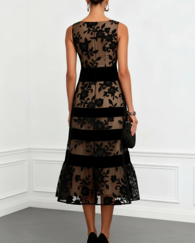 Rochie Kendall Cocktail pentru Femei – Rochie Midi cu Guler Bateau și Flori 3D, Croială Cloș Elegantă