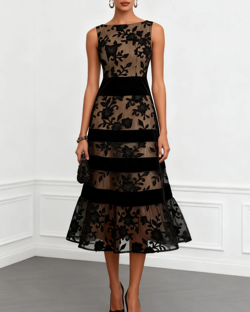 Rochie Kendall Cocktail pentru Femei – Rochie Midi cu Guler Bateau și Flori 3D, Croială Cloș Elegantă