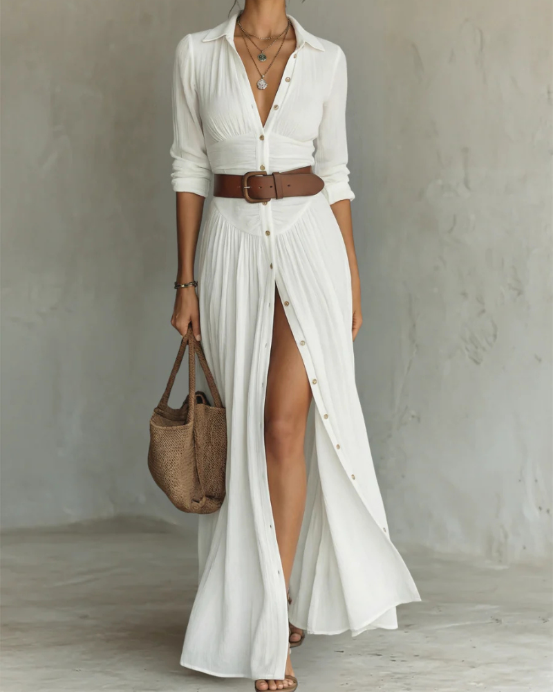 Vestido Maxi Teagan para Mujer – Vestido Largo de Algodón con Cuello en V Plisado y Mangas Largas Elegante