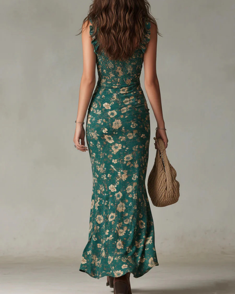 Bella Maxi Boheemse Damesjurk – Lange Vloeiende Jurk met Hoge Split en Elegant Vintage Print