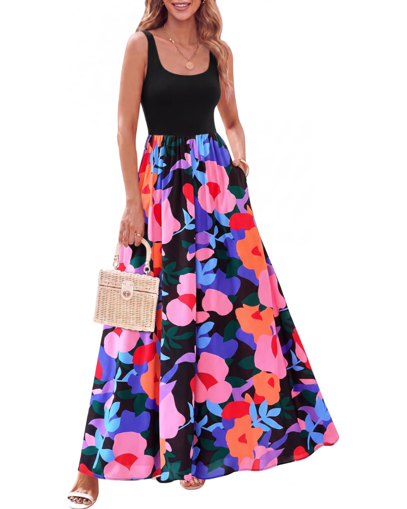 Sukienka maxi Sophia w kwiaty dla kobiet – boho sukienka bez rękawów o kroju trapezowym