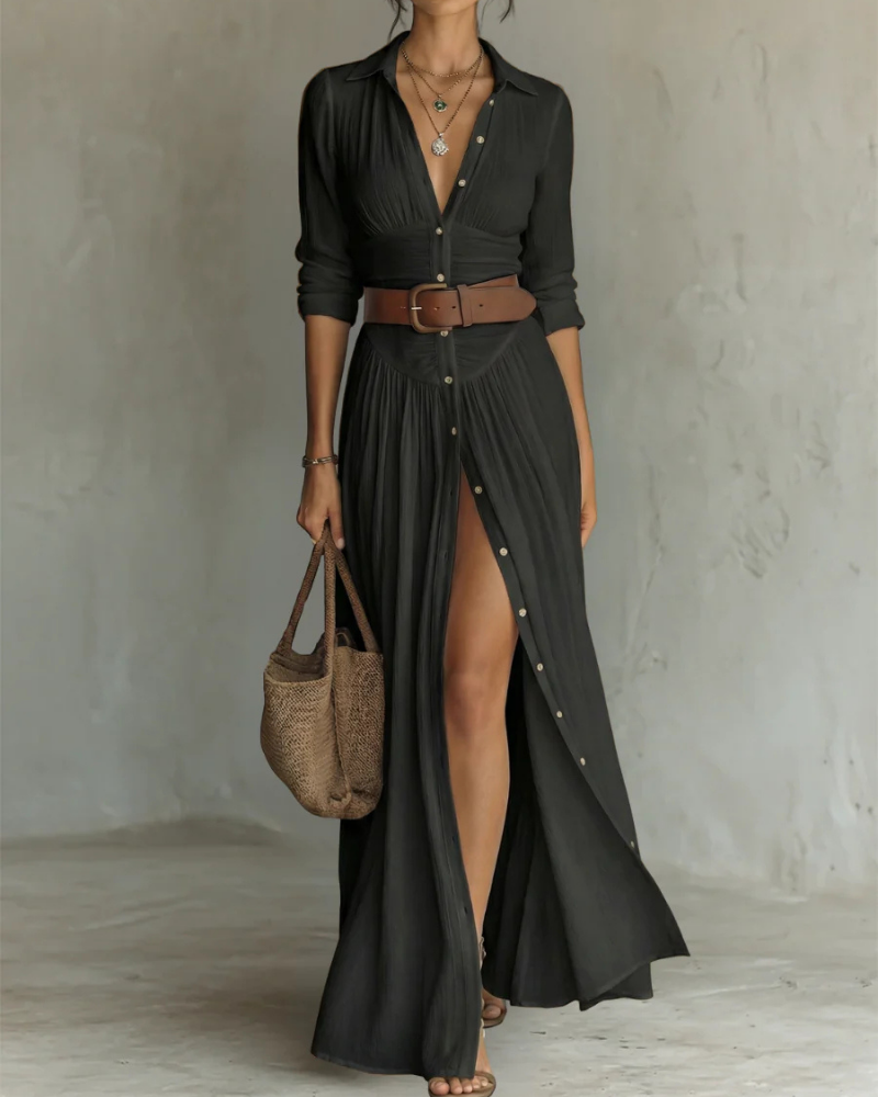 Vestido Maxi Teagan para Mujer – Vestido Largo de Algodón con Cuello en V Plisado y Mangas Largas Elegante