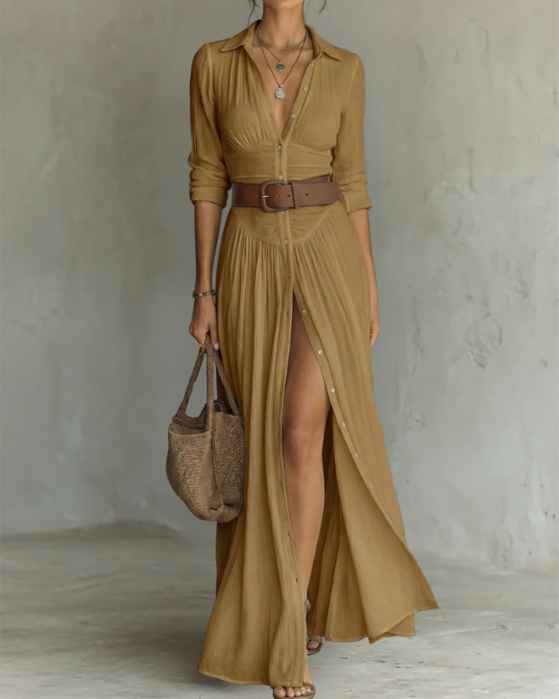 Vestido Maxi Teagan para Mujer – Vestido Largo de Algodón con Cuello en V Plisado y Mangas Largas Elegante