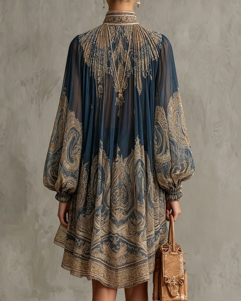 Emerson Robe Mini Femme – Minišaty z mušelínu s vysokým límcem, barokní potisk, volánové rukávy