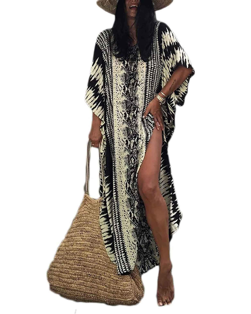 Camila Caftan Maxi Femme – Robe Longue Col V avec Ceinture et Fentes