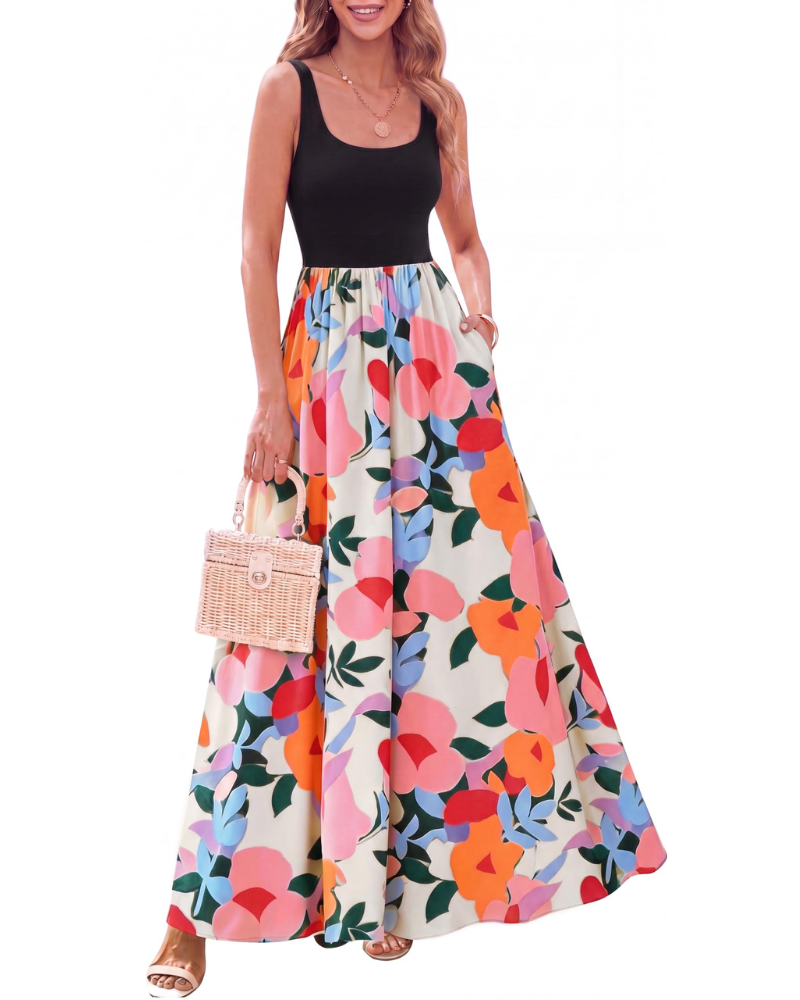 Sukienka maxi Sophia w kwiaty dla kobiet – boho sukienka bez rękawów o kroju trapezowym
