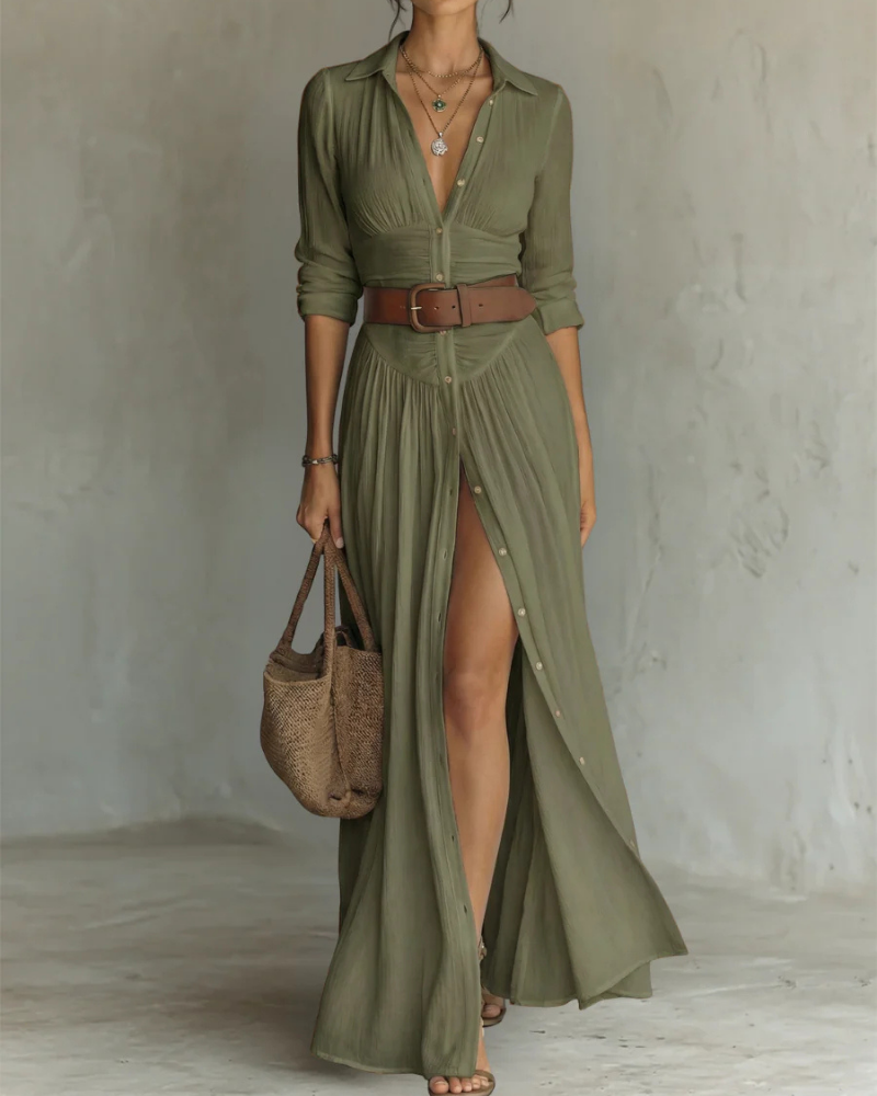 Vestido Maxi Teagan para Mujer – Vestido Largo de Algodón con Cuello en V Plisado y Mangas Largas Elegante