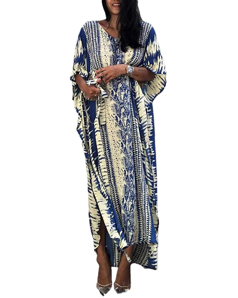 Camila Caftan Maxi Femme – Robe Longue Col V avec Ceinture et Fentes