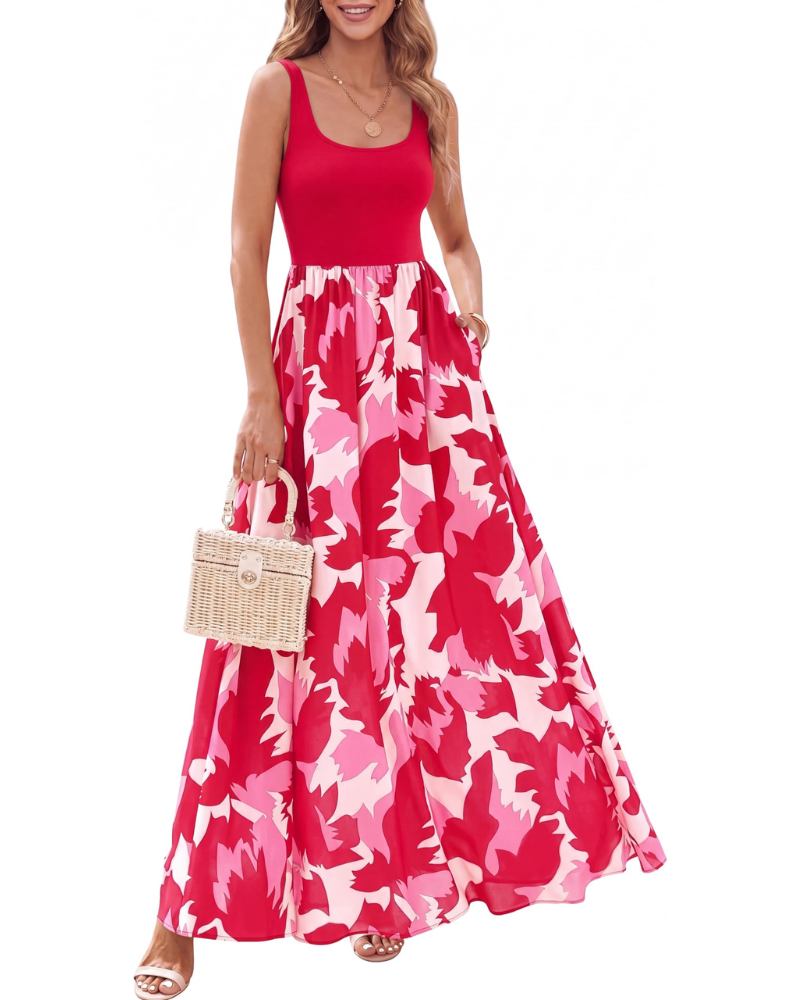 Sukienka maxi Sophia w kwiaty dla kobiet – boho sukienka bez rękawów o kroju trapezowym