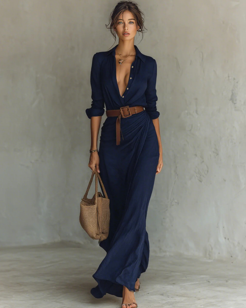 Vestido camisón largo Sloane para mujer – vestido largo de algodón y Tencel con cinturón ajustable y cuello de sastre