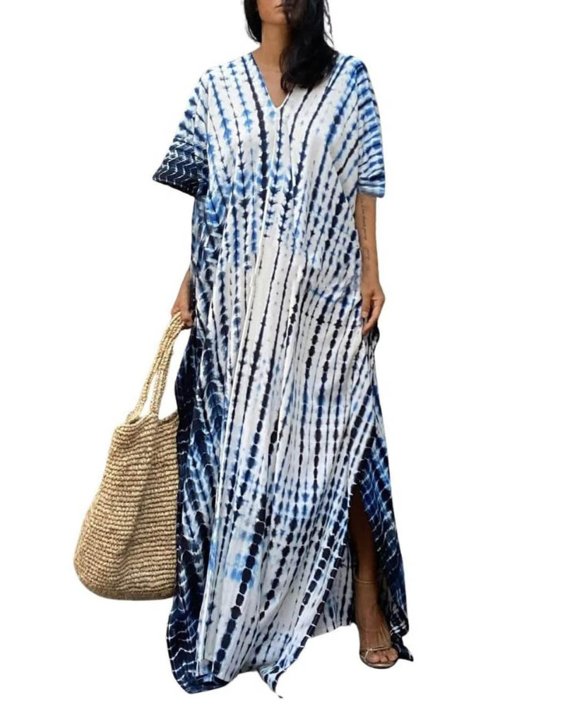 Camila Caftan Maxi Femme – Robe Longue Col V avec Ceinture et Fentes