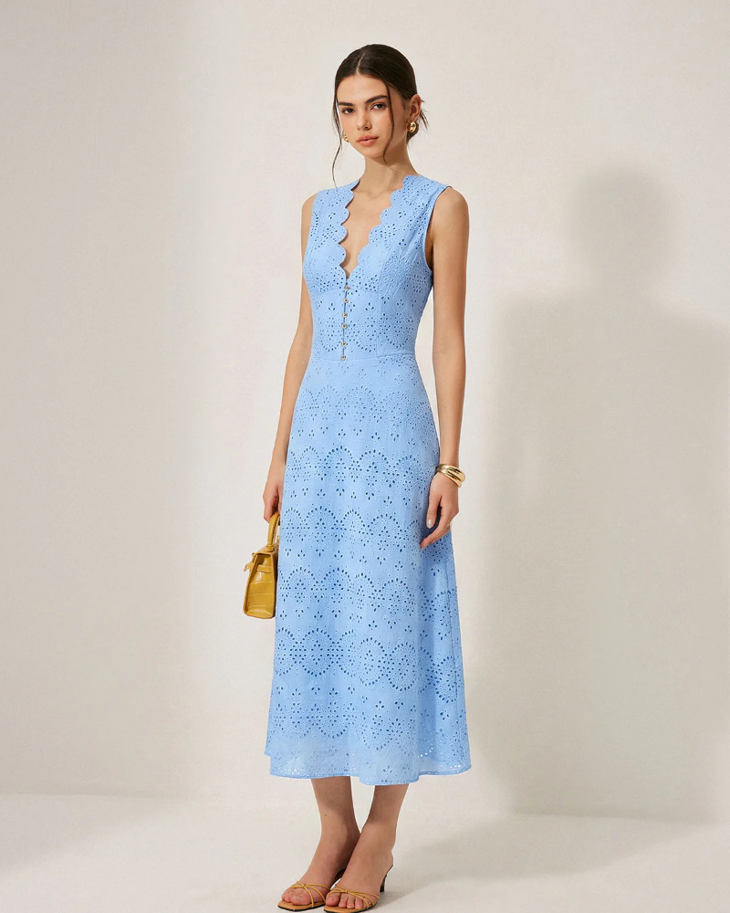 Amelia Maxi Dress for Women – Long Dress 100% Cotton Sleeveless V-Neck with Zipper Closure
