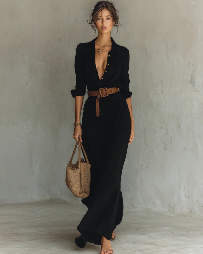 Vestido camisón largo Sloane para mujer – vestido largo de algodón y Tencel con cinturón ajustable y cuello de sastre
