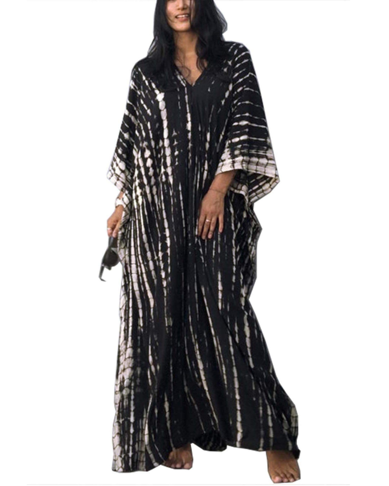 Camila Caftan Maxi Femme – Robe Longue Col V avec Ceinture et Fentes