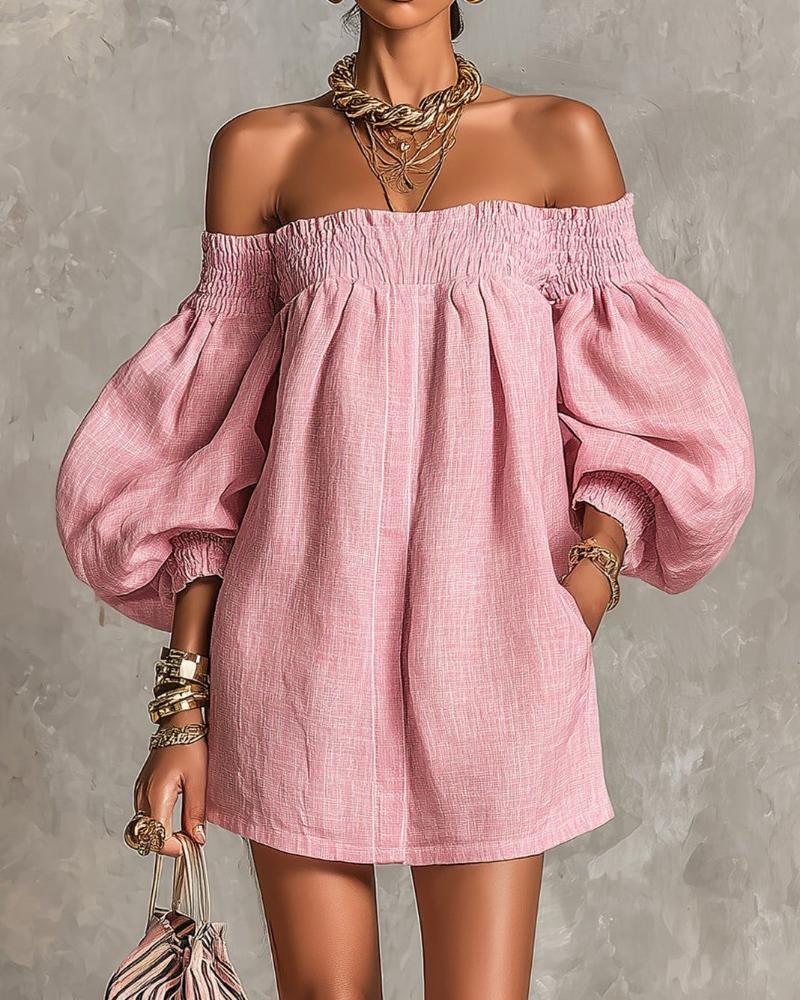 Vestido Mini Sawyer para Mulher – Vestido com Ombros Descobertos, Efeito Linho, Mangas Bufantes, Corte Evasé