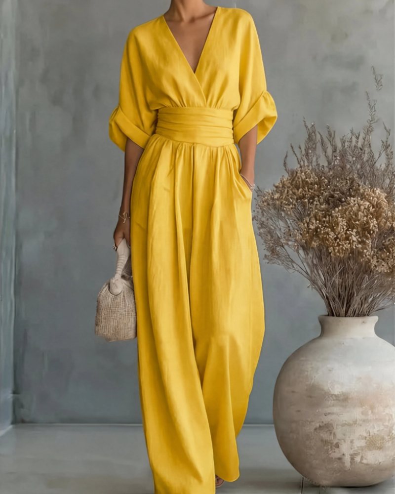 Salopetă damă Remi – Salopetă cu decolteu în V, pantaloni largi, fluidă, ușoară și elegantă