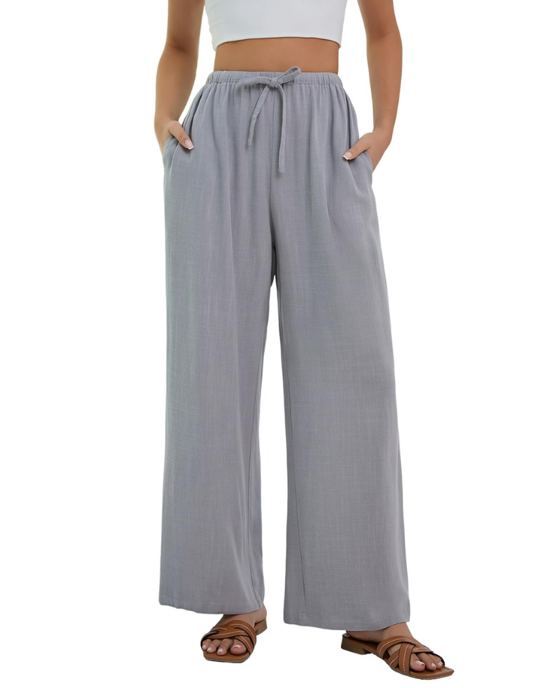 Pantaloni Palazzo Stella da Donna Effetto Lino – Pantaloni Larghi a Vita Alta con Coulisse e Tasche