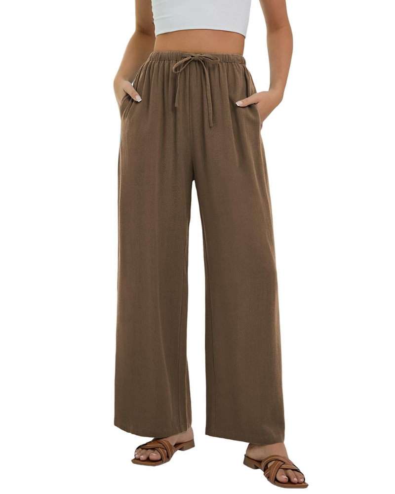Pantaloni Palazzo Stella da Donna Effetto Lino – Pantaloni Larghi a Vita Alta con Coulisse e Tasche