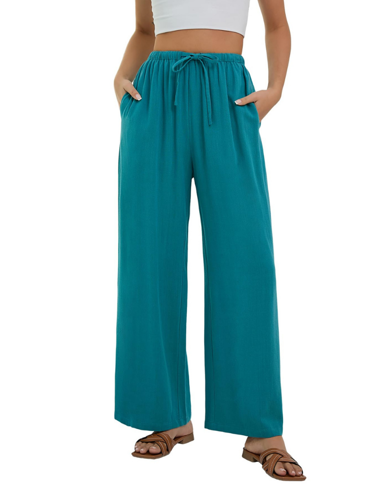 Pantaloni Palazzo Stella da Donna Effetto Lino – Pantaloni Larghi a Vita Alta con Coulisse e Tasche