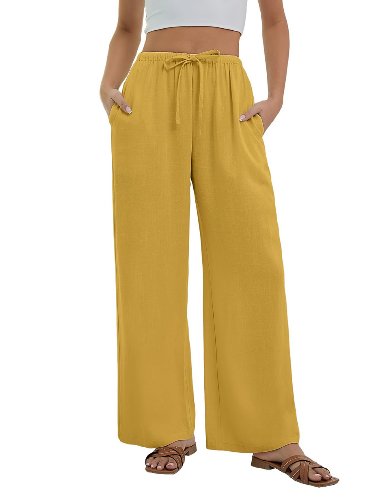 Pantaloni Palazzo Stella da Donna Effetto Lino – Pantaloni Larghi a Vita Alta con Coulisse e Tasche