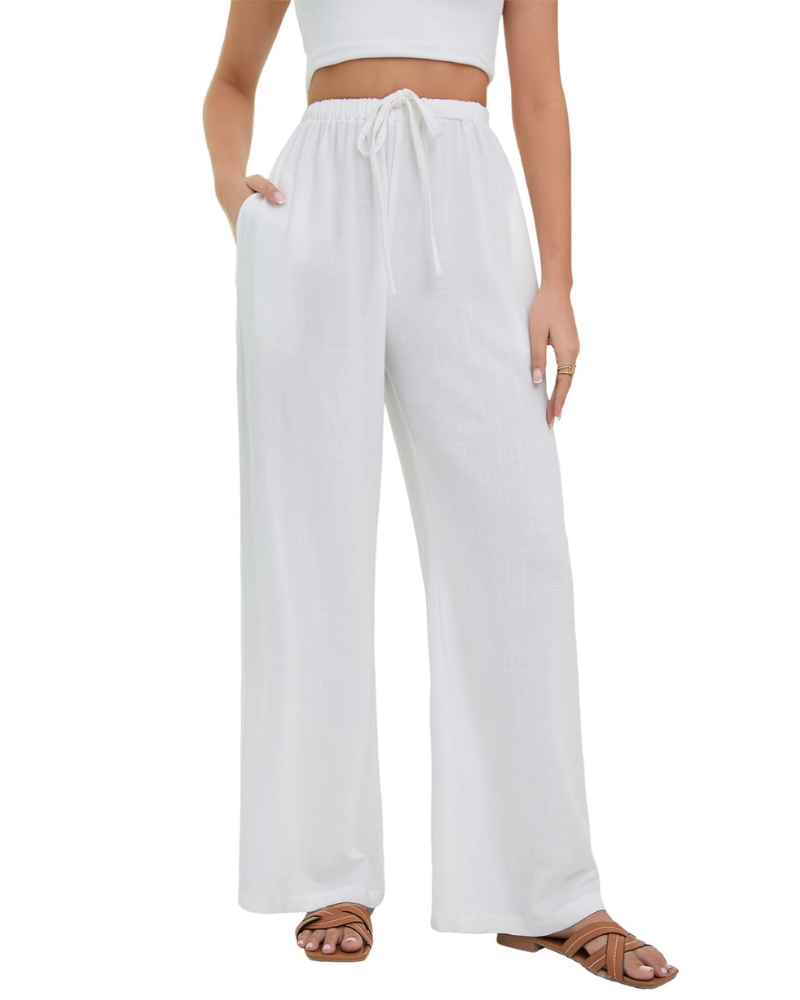 Pantaloni Palazzo Stella da Donna Effetto Lino – Pantaloni Larghi a Vita Alta con Coulisse e Tasche