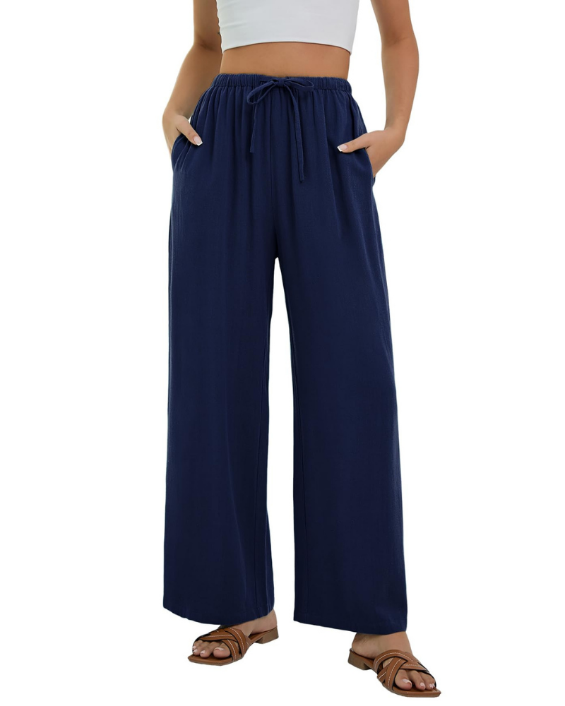 Pantaloni Palazzo Stella da Donna Effetto Lino – Pantaloni Larghi a Vita Alta con Coulisse e Tasche