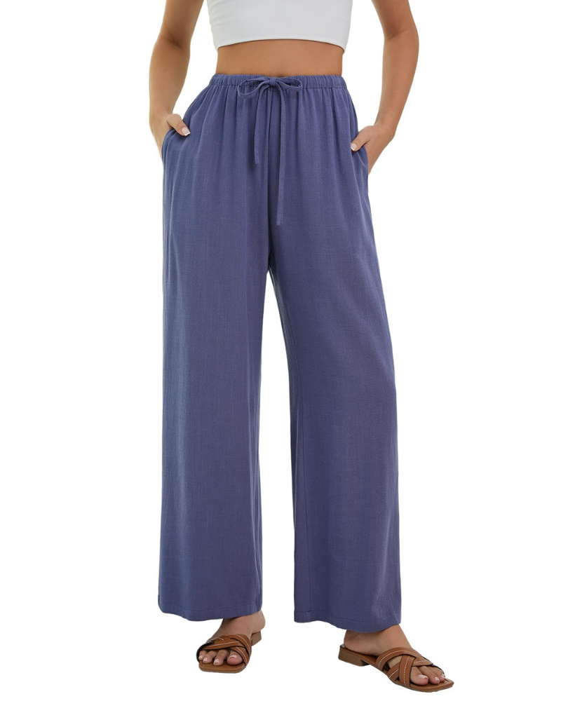 Pantaloni Palazzo Stella da Donna Effetto Lino – Pantaloni Larghi a Vita Alta con Coulisse e Tasche