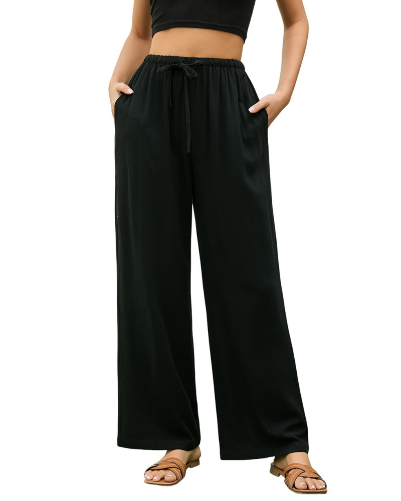 Pantaloni Palazzo Stella da Donna Effetto Lino – Pantaloni Larghi a Vita Alta con Coulisse e Tasche