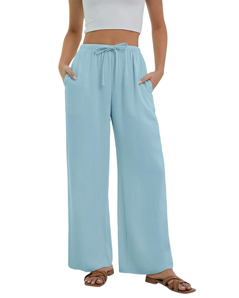 Pantaloni Palazzo Stella da Donna Effetto Lino – Pantaloni Larghi a Vita Alta con Coulisse e Tasche