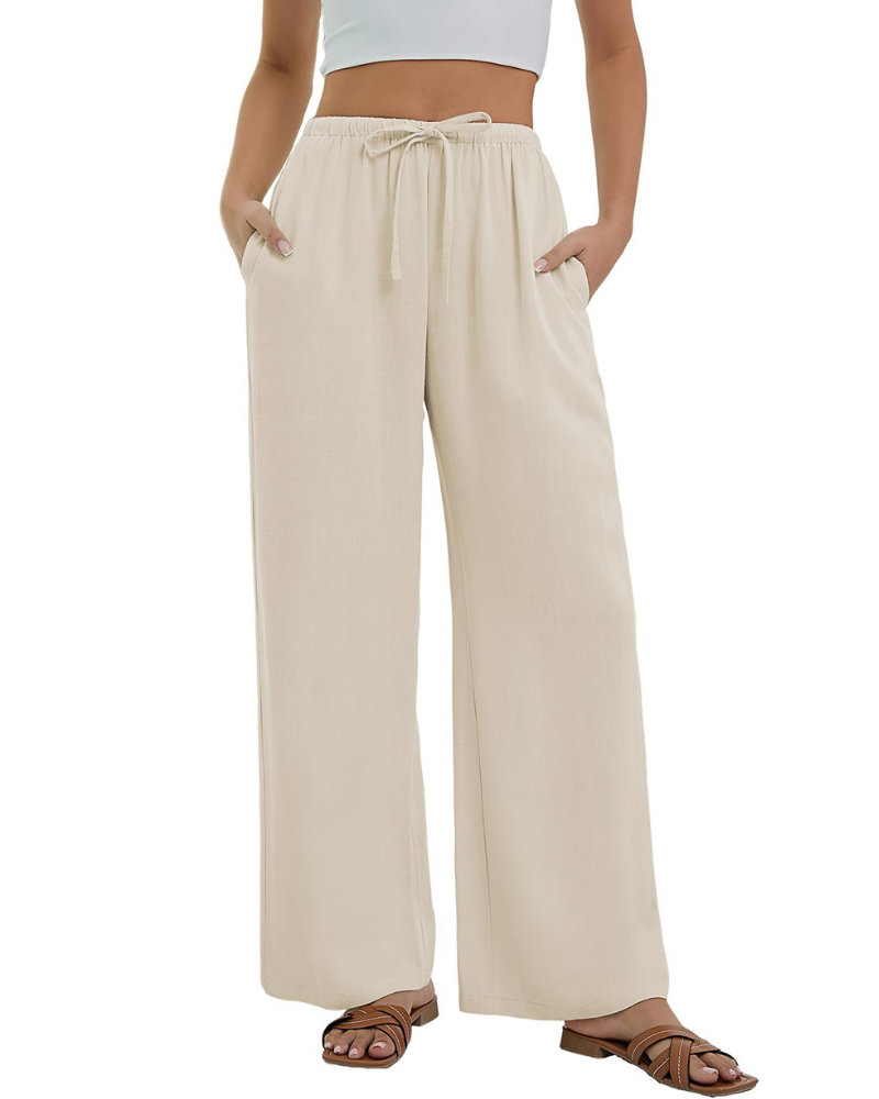 Pantaloni Palazzo Stella da Donna Effetto Lino – Pantaloni Larghi a Vita Alta con Coulisse e Tasche