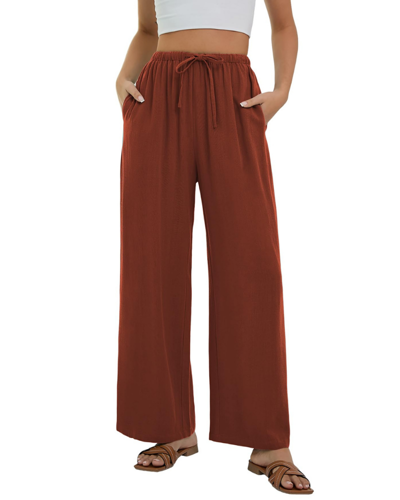 Pantaloni Palazzo Stella da Donna Effetto Lino – Pantaloni Larghi a Vita Alta con Coulisse e Tasche
