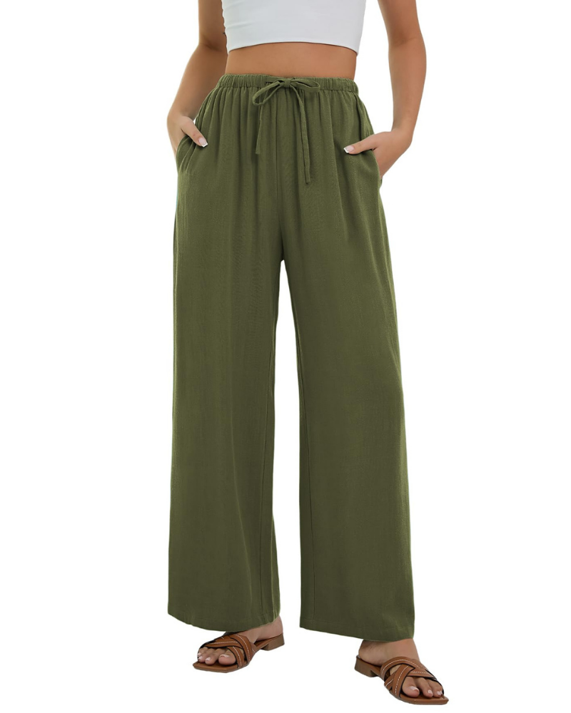 Pantaloni Palazzo Stella da Donna Effetto Lino – Pantaloni Larghi a Vita Alta con Coulisse e Tasche