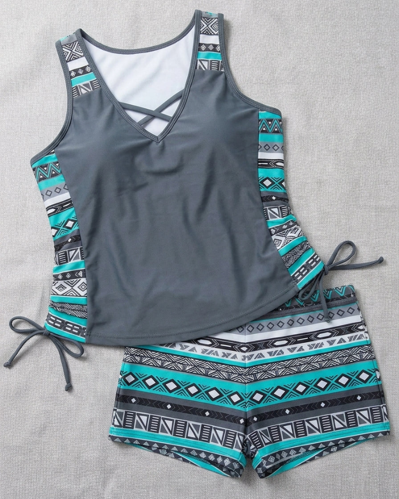 Dámské tankini Aubrey Ensemble – geometricky potisknuté tankini s pohodlnými vysokými šortkami