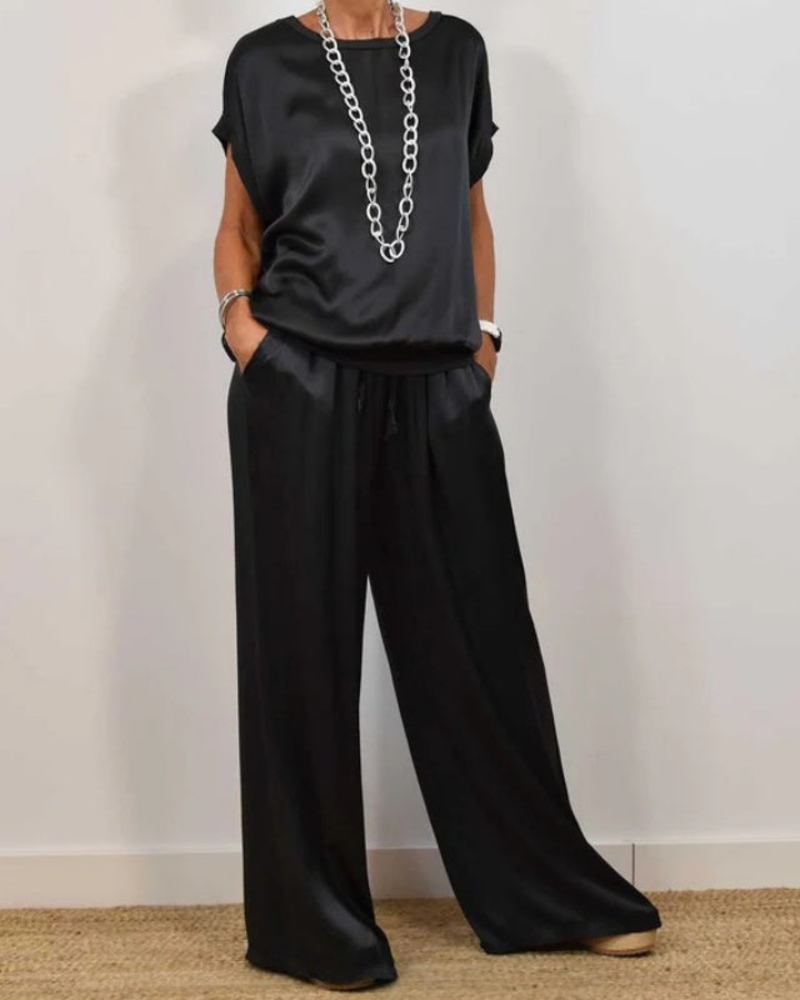 Portia Ensemble Satin Femme – Zestaw 2 części: szerokie spodnie i elegancki zwiewny top