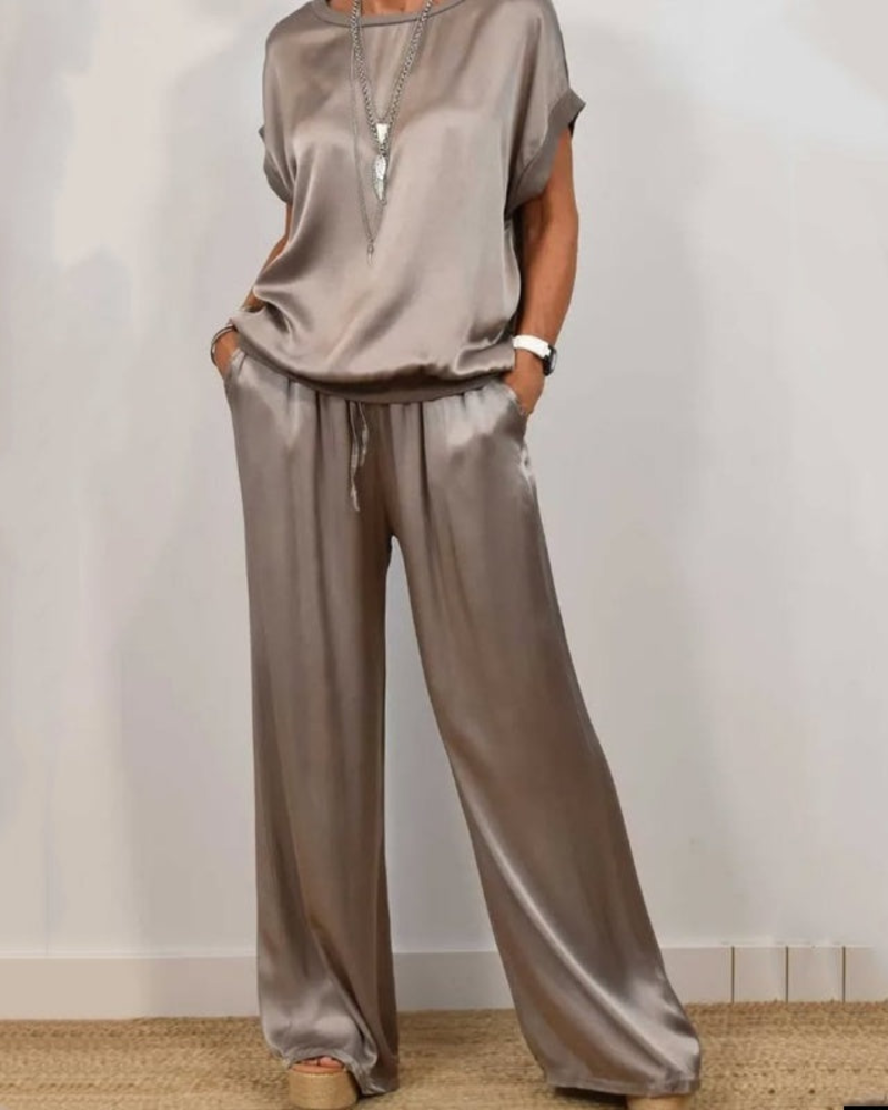 Portia Ensemble Satin Femme – Zestaw 2 części: szerokie spodnie i elegancki zwiewny top