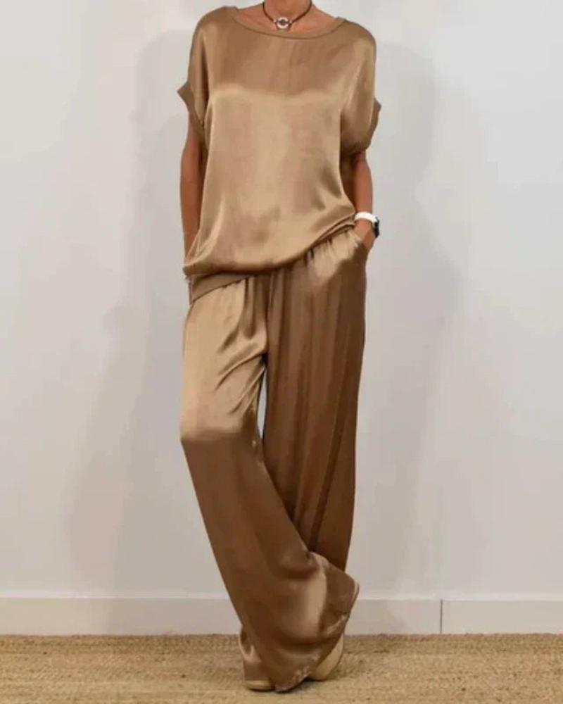 Portia Ensemble Satin Femme – Zestaw 2 części: szerokie spodnie i elegancki zwiewny top