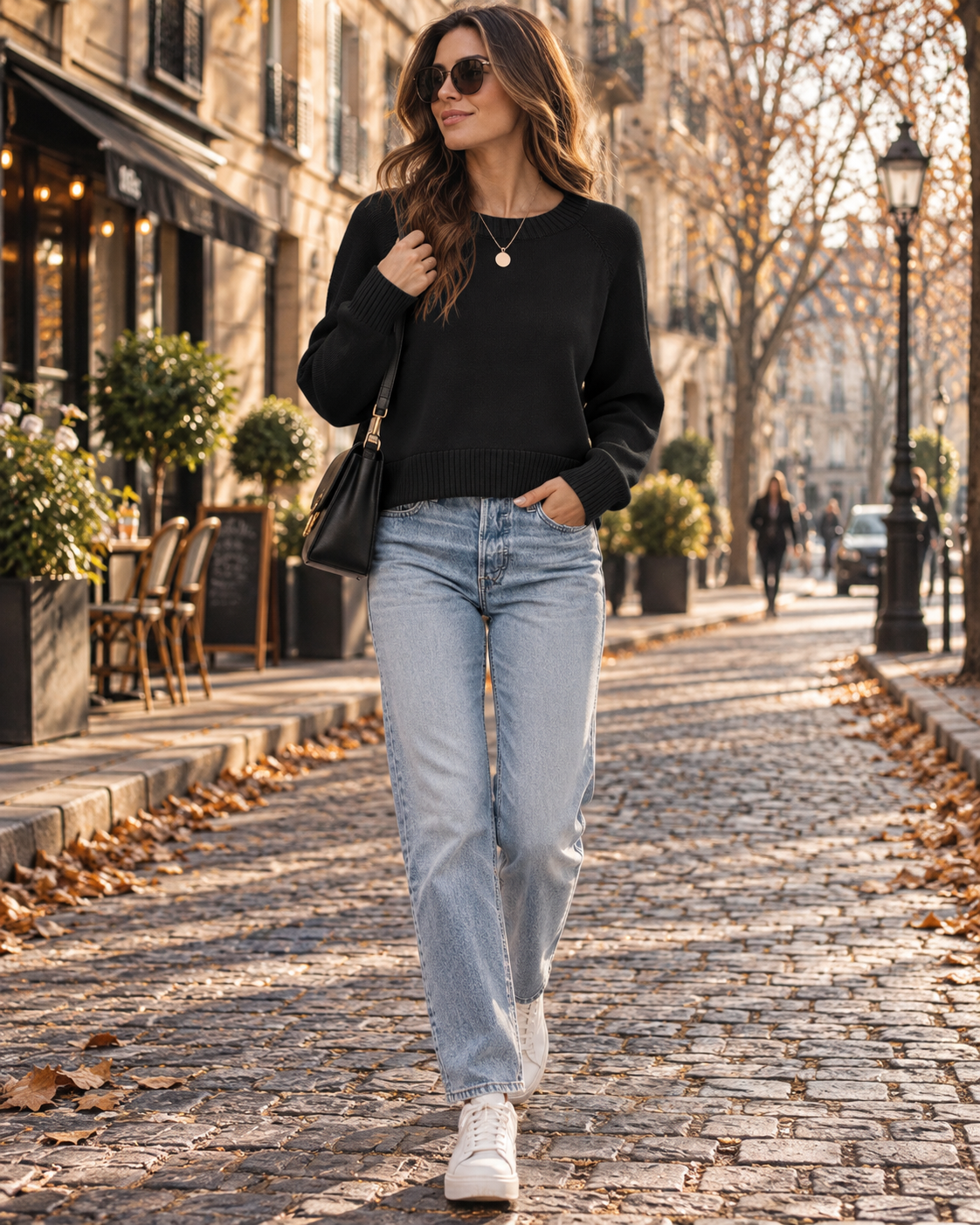 Florence Women's Cropped Sweater – Soft Knit, Crew Neck, Long Sleeves & Ribbed Finishes